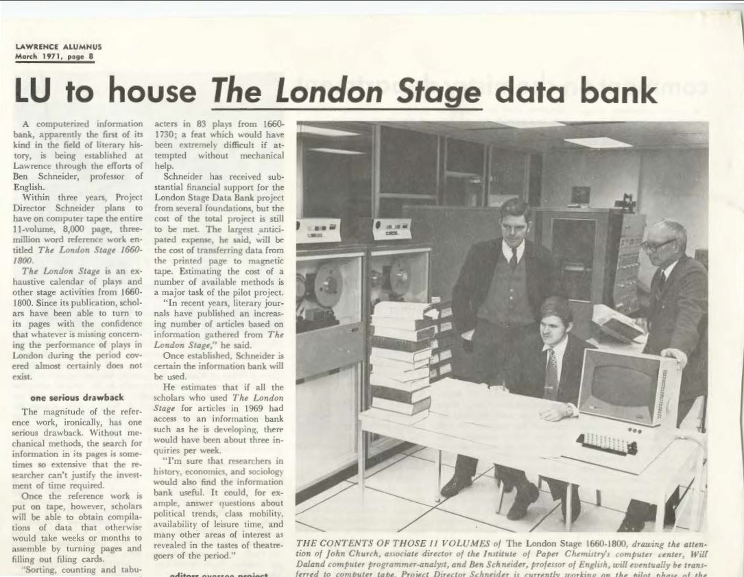 Headline LU to house The London Stage data bank with accompanying photograph, March 1971, page 8.